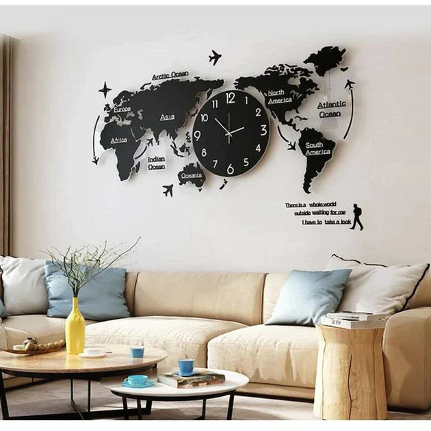 H&H World Map Wooden Wall Clocks | 3d Laser Cut DIY Design Wall Watch for Home Decore Living Room | Quartz Watch for Wall Decor Ideas | 3d Wooden Clock Wall Stylish for Bedroom and Offices and for Gift Items | Wooden Decoration Items for Rooms wallclocks