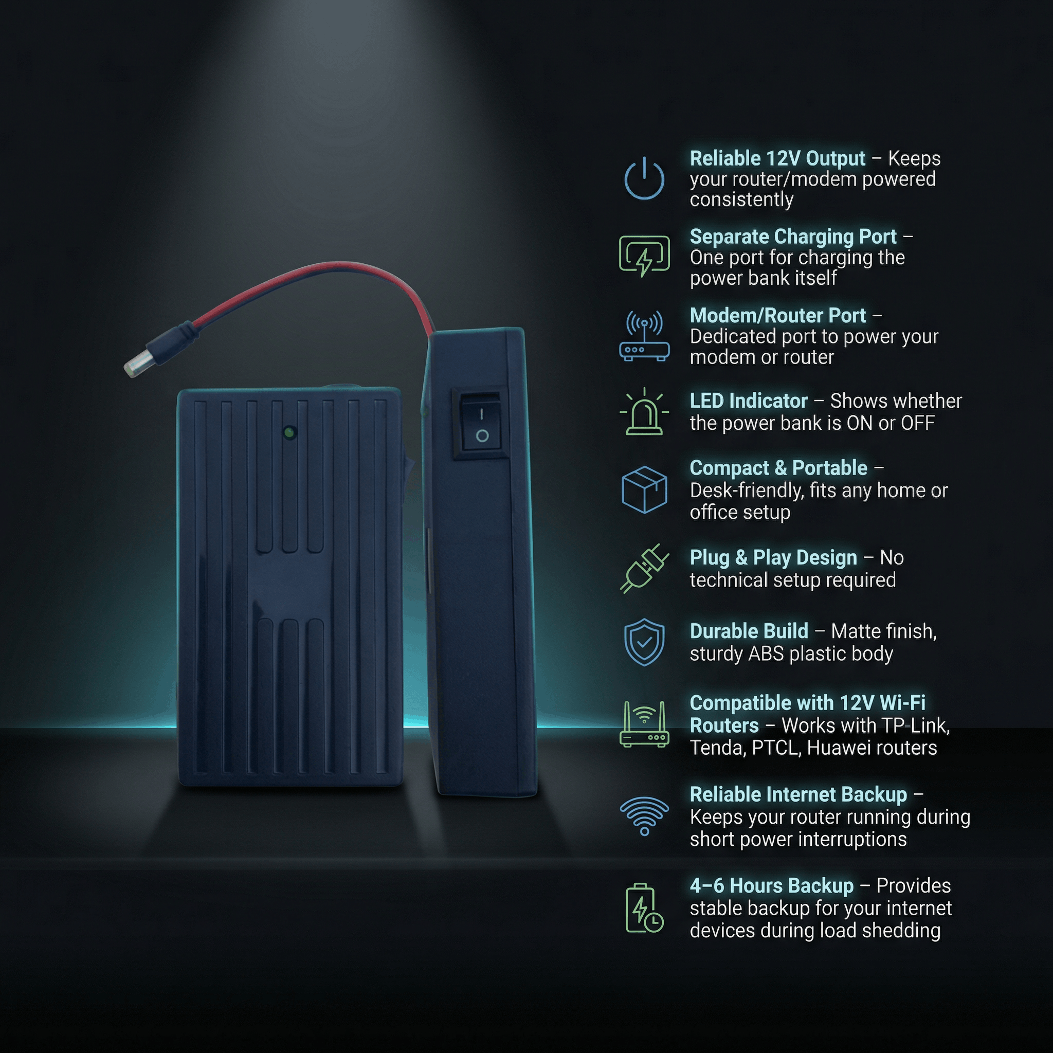 12V WiFi Router Mini UPS Power Bank with all PROTECTIONS+FREE CHARGER Backup Battery 12V Dual Output for TP-Link Tenda PTCL StormFiber  Huawei Fiber ONT Modem | 6-8 Hours Backup | Plug & Play Auto Charging | Fast Adapter | Internet Backup Power Supply