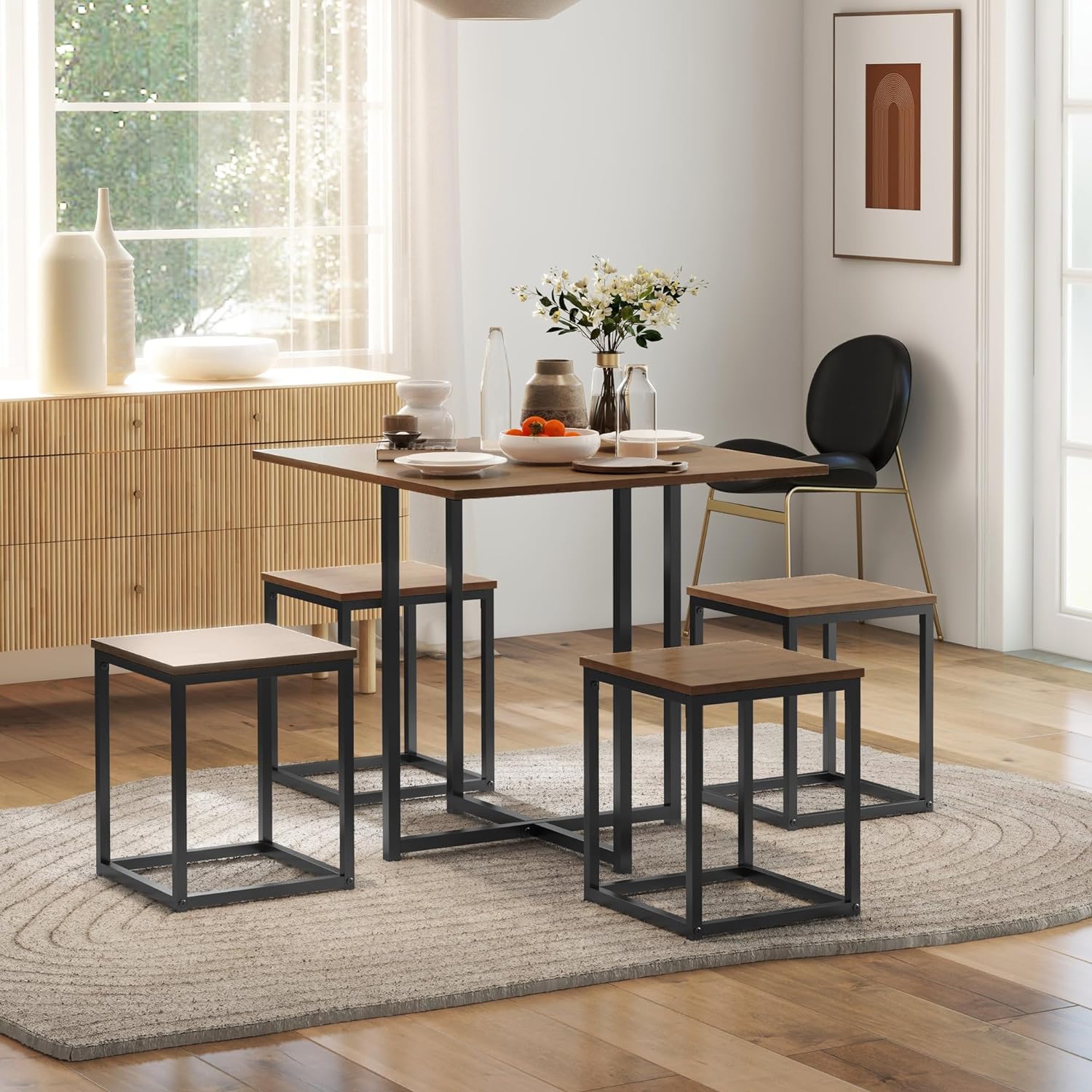 5 Piece Dining Table and Chairs Set 4, Industrial Space Saving Table and Chairs with Metal Frame, Square Kitchen Table and Stools for Dining Room, Brown