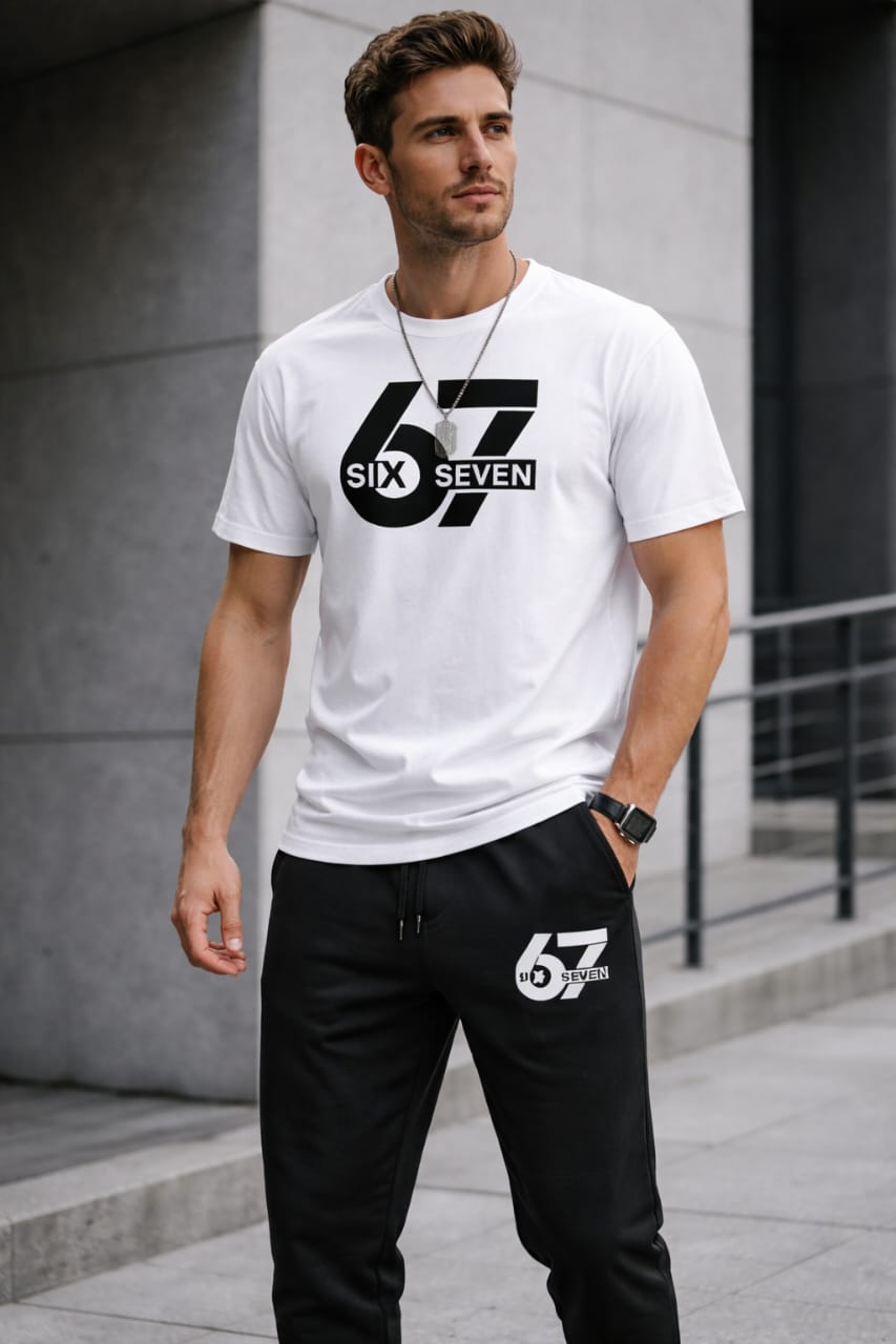Richman 67® 2 PCS Summer Tracksuit for Men ⭐ | ⚪ White Printed T-Shirt & Black Trouser Set