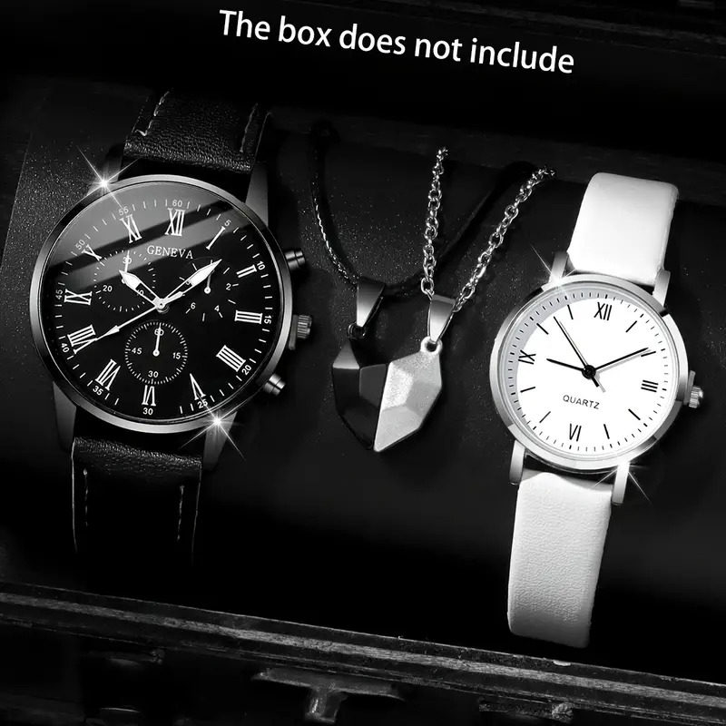 1-4pcs Exquisite Couple Watches, Elegant Round Dial with Stylish Striped Markings, Comfortable PU Strap for Light Beige-Friendly Wear, Includes Colorful Heart Necklace, Perfect Gift for Valentine's Day, Birthday, Eid, or Everyday Use, No Packaging Include