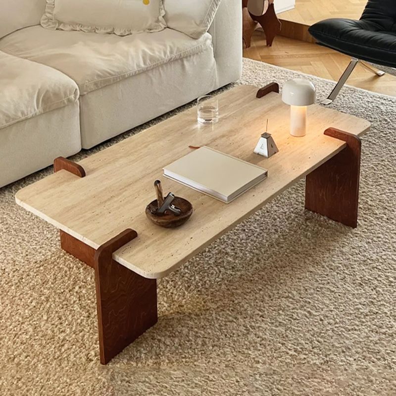 Modern Travertine Coffee Table Walnut Wood Rectangle Center Table 120cm length x 60cm width x 37 cm Height  Minimalist Living Room Side Table Luxury Stone Top Tea Table