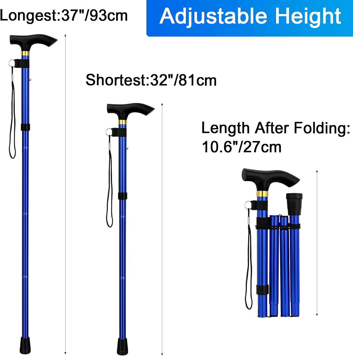 Adjustable Lightweight Aluminum Trekking Cane, Foldable Offset Walking Stick with Ergonomic Handle for Hiking and Outdoor Recreation - Black