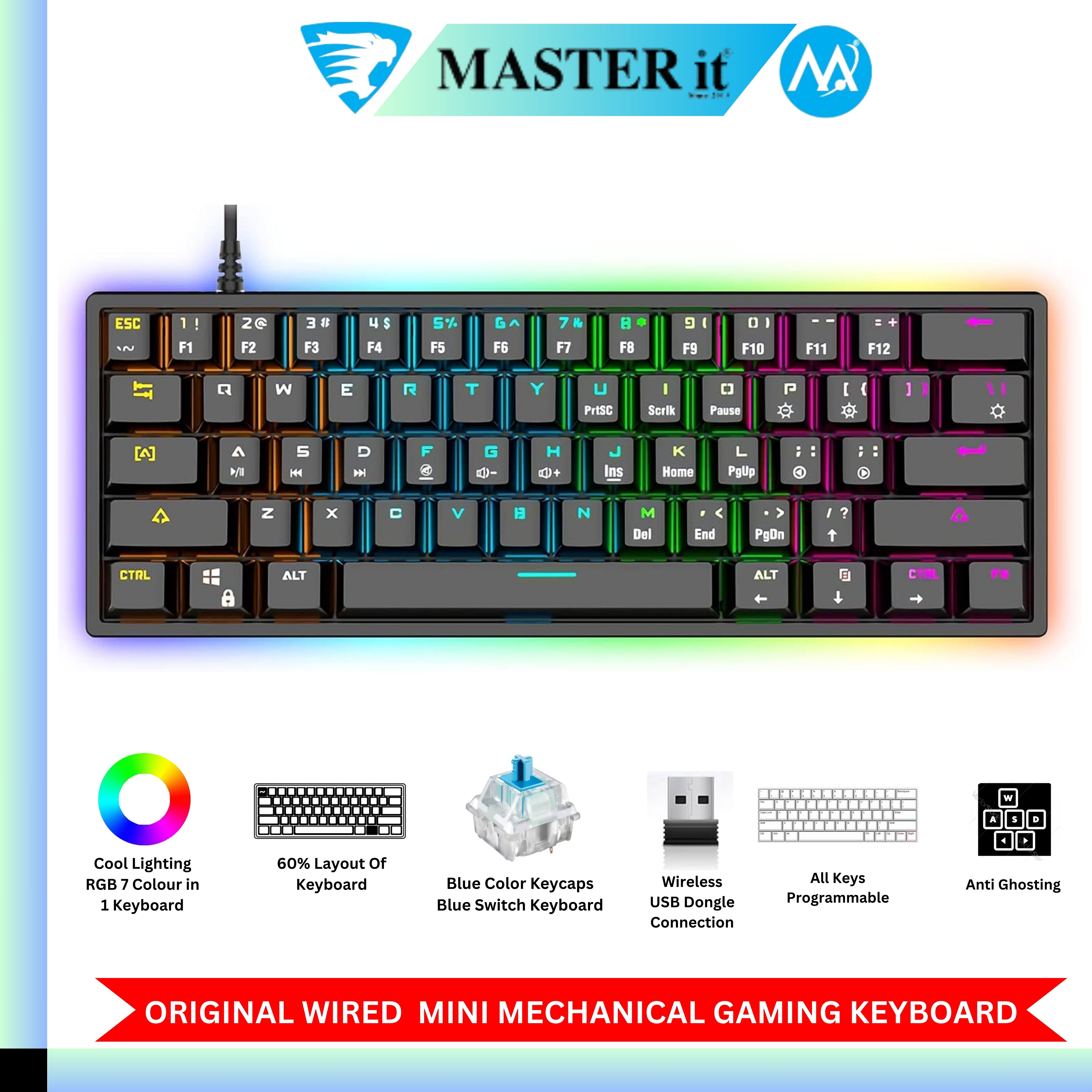 RGB Gaming Keyboard - Mechanical Keyboard Blue Switch Wired/Wireless Mini RGB Keyboard 61/63 Keys Without Numpad - RGB Light Mechanical Keyboard Black - Detachable TYPE-C Wired/Wireless For Professional Gaming - Compatible With PC & Laptop