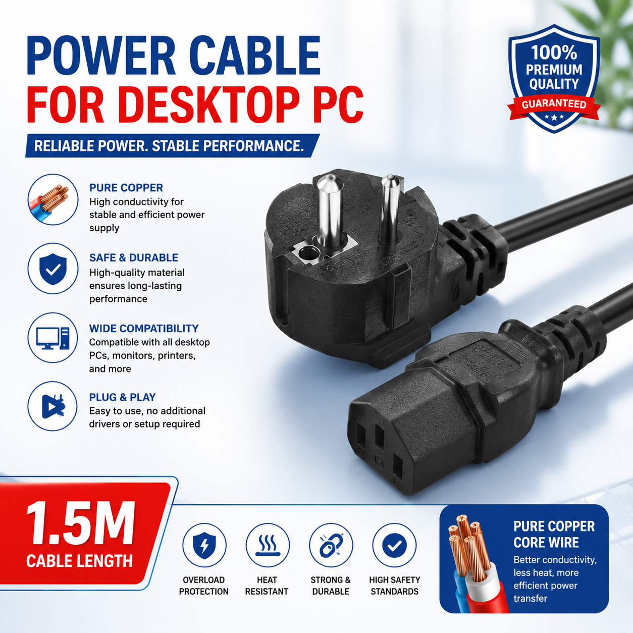 1.5M Desktop PC Computer Power Cable, Pure Copper AC Power Cord, Heavy-Duty 3-Pin Power Supply Cable for Desktop Computers, Monitors, Printers, UPS, LED TVs & Other IEC C13 Compatible Devices, Durable High-Performance Replacement Power Cable with Stable P