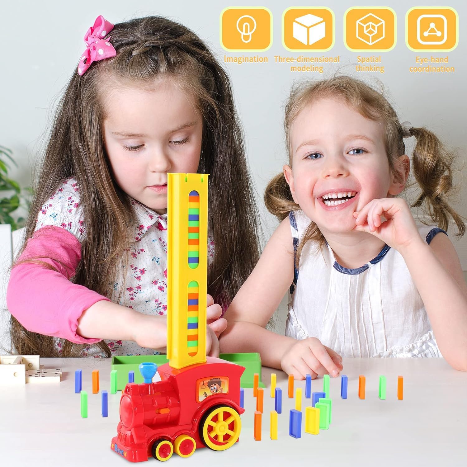 Automatic domino train Brick Laying Toy Train Domino Train Set with 60 PCS Domino Blocks toy for kids DIY Educational Toys For Children Fun and Colorful Train Engine With Light Sound Children's Toys