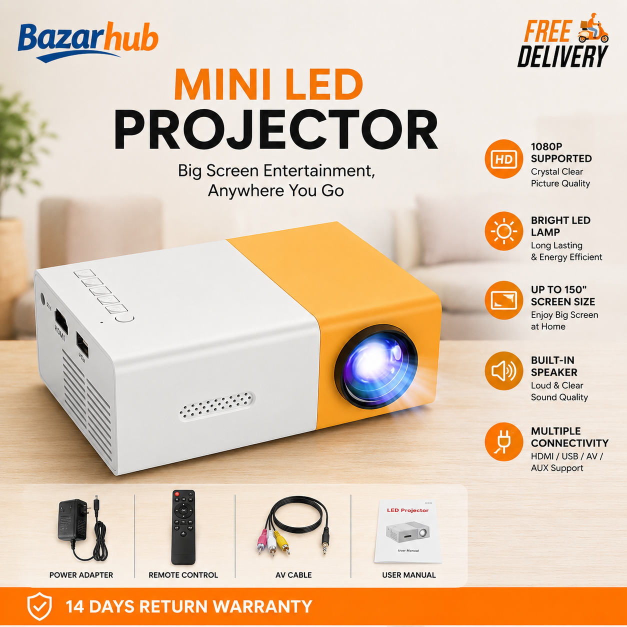 BazaarHub Projector Portable Home Theater System - High Brightness Multimedia Video Projector with HDMI, USB & AV Support - Remote Control Projector Mini for Movies, Gaming & Presentations - Professional Projector Lights LED For Home Use