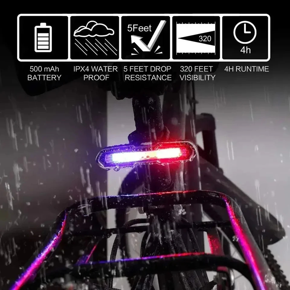 Ultra-Bright Smart Bike Tail Light with USB Rechargeable LED Cycling Safety Rear Lamp for Mountain Bikes - Red/Blue/White