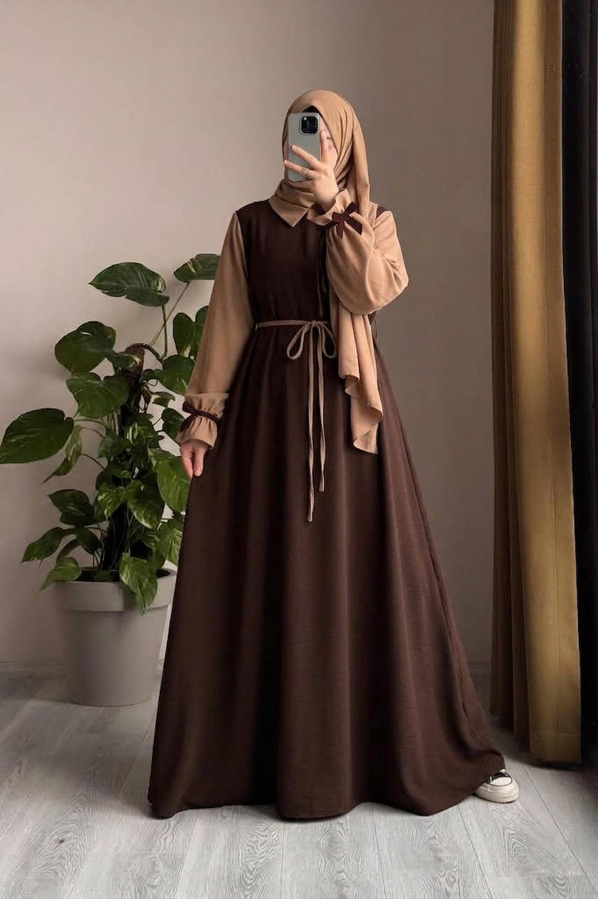 Abaya For Women - Stylish Long Maxi Belt Abaya for Girls - Double Layer Abaya with Separate Inner and Outer Layer - Collar Abaya With Belt And Stoller - Ready To Wear - Muslim Wear - Women & Girls
