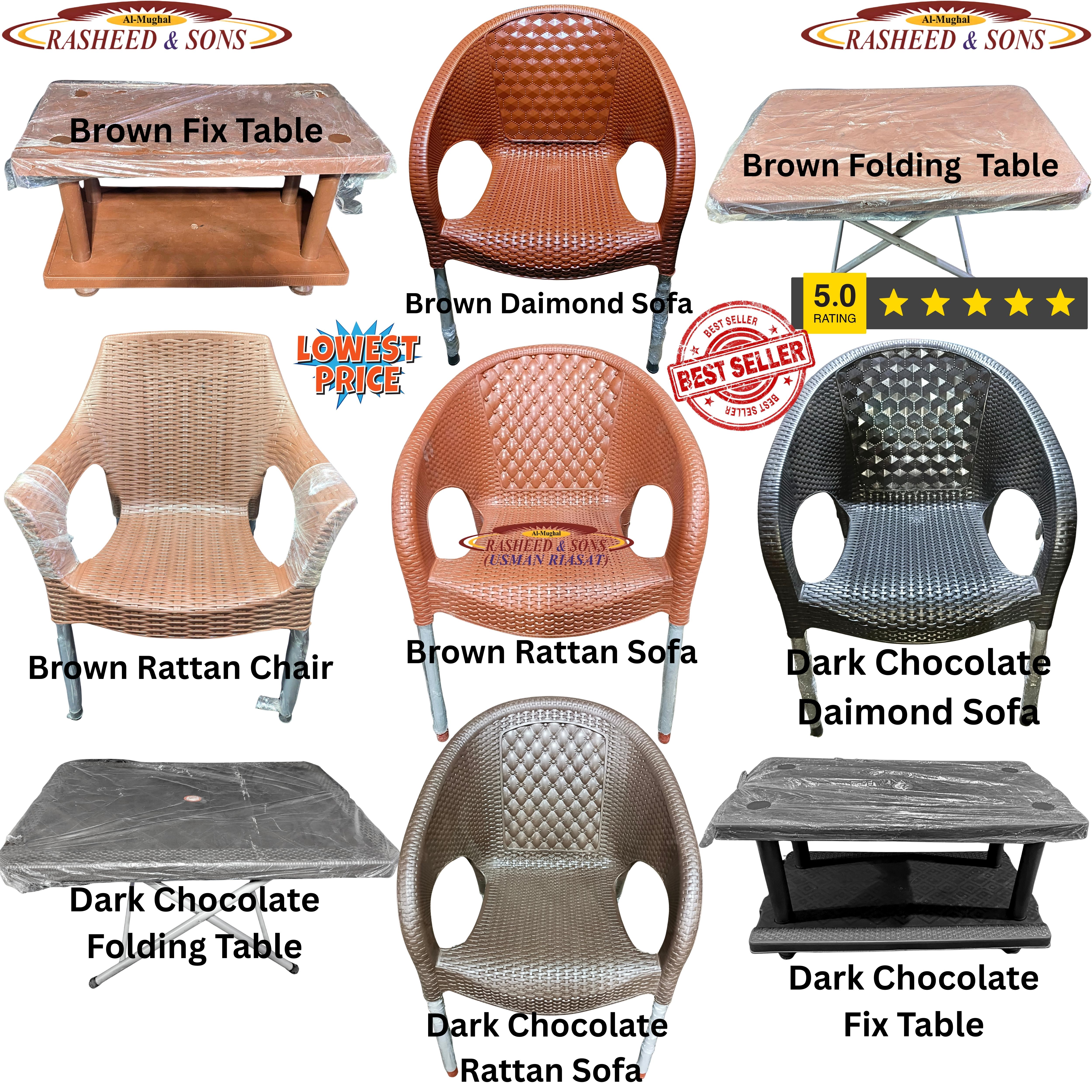 Plastic Chair Rattan Sofa Chair & Diamond Sofa Set – Brown & Dark Chocolate – Folding Table & Fix Table – Outdoor Garden Furniture – Rasheed & Sons Pakistan