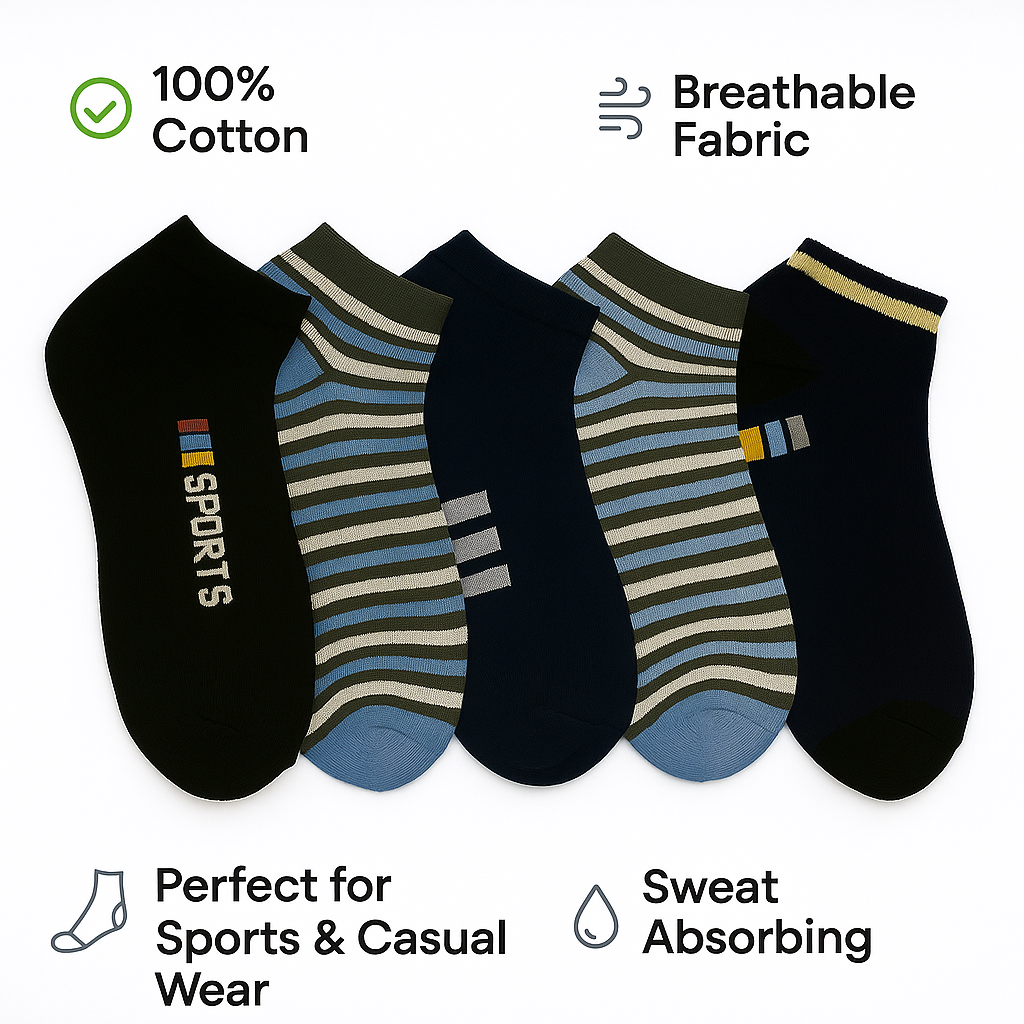 Cotton Men Ankle Socks – Breathable, Comfortable Pack (1 / 3 / 5 Pairs)