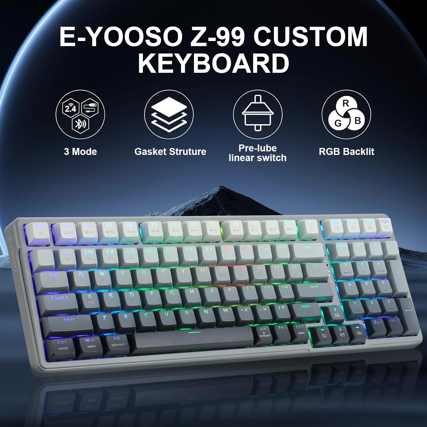 E-YOOSO Z-99 Tri-Mode Wireless Mechanical RGB Gaming Keyboard 99 Keys Silver Wood Hot Swappable Switches Gasket Design Gradient Grey 20 7acc1f64327bfa6bb7ab84e5a3da670b