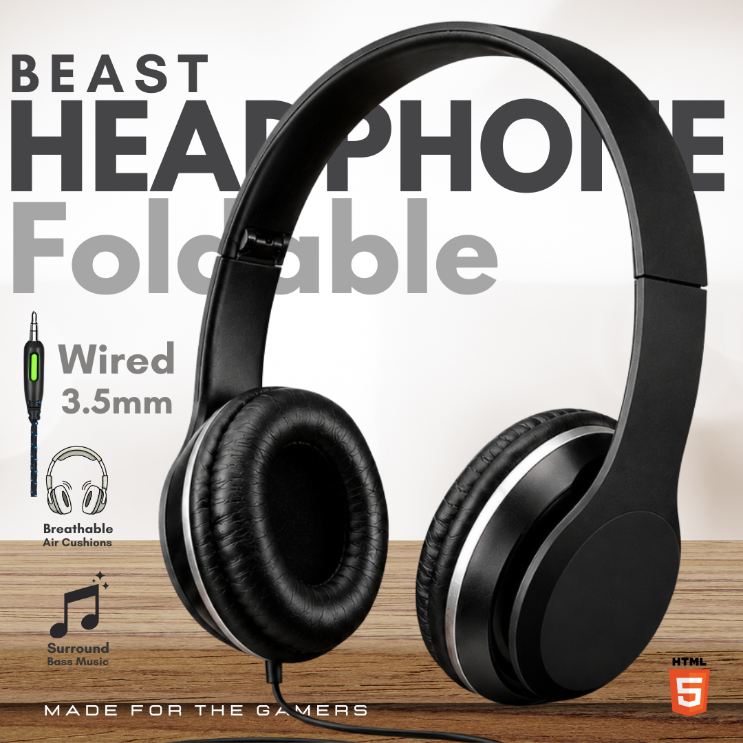 BEAST Wired Over Ear Headphones No Mic | Pure Studio Audio Sound Headset | Universal 3.5mm Jack Foldable Lightweight Deep Bass Music Headphones for PC Laptop Mobile Tablets Streaming Travel High Fidelity Gear – Al Madina Store.pk