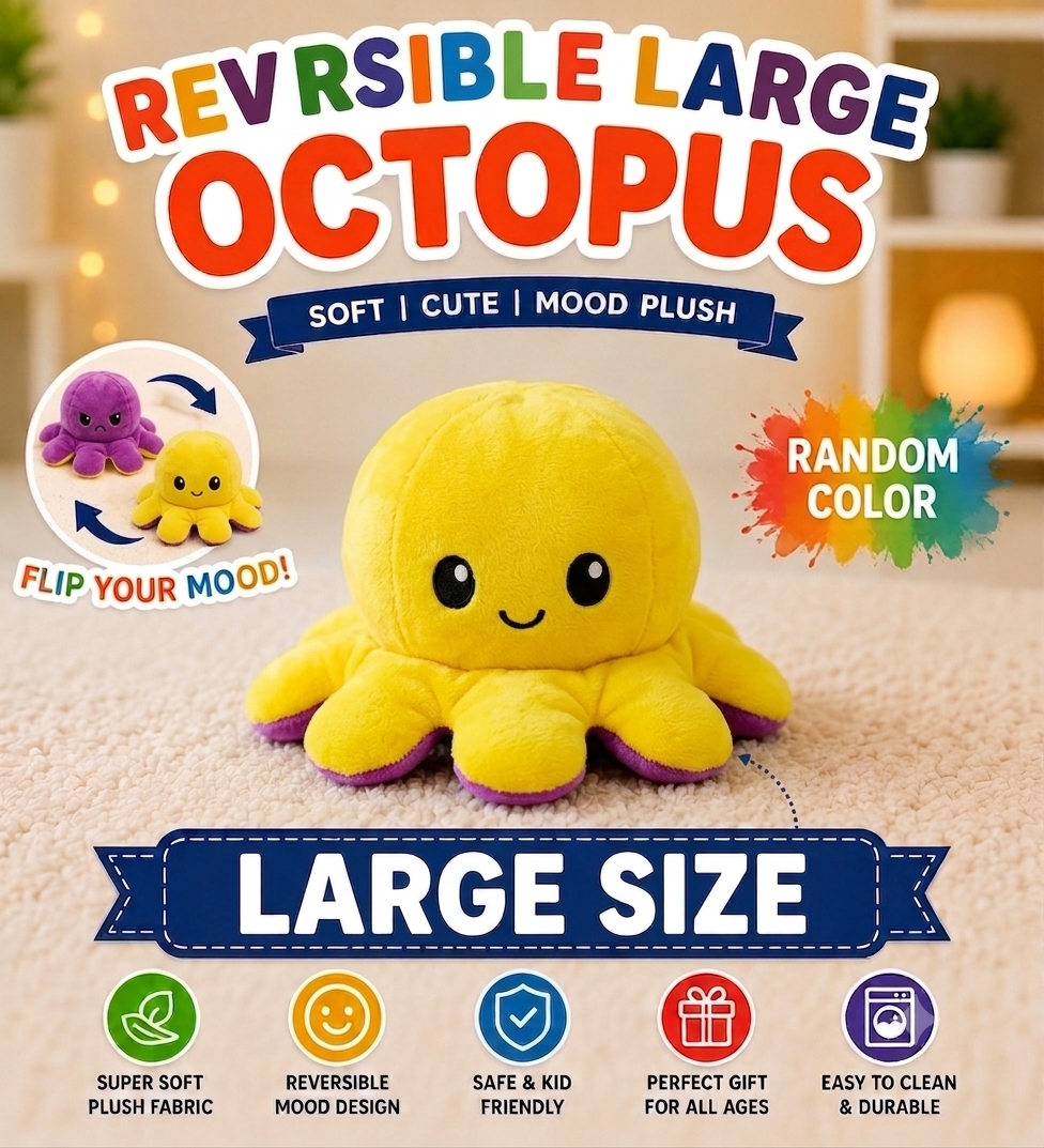 Reversible Octopus Plush Toy | Flip Mood Soft Stuffed Animal | Cute Double-Sided Emotion Plush | Random Color | Small Medium Large Jumbo
