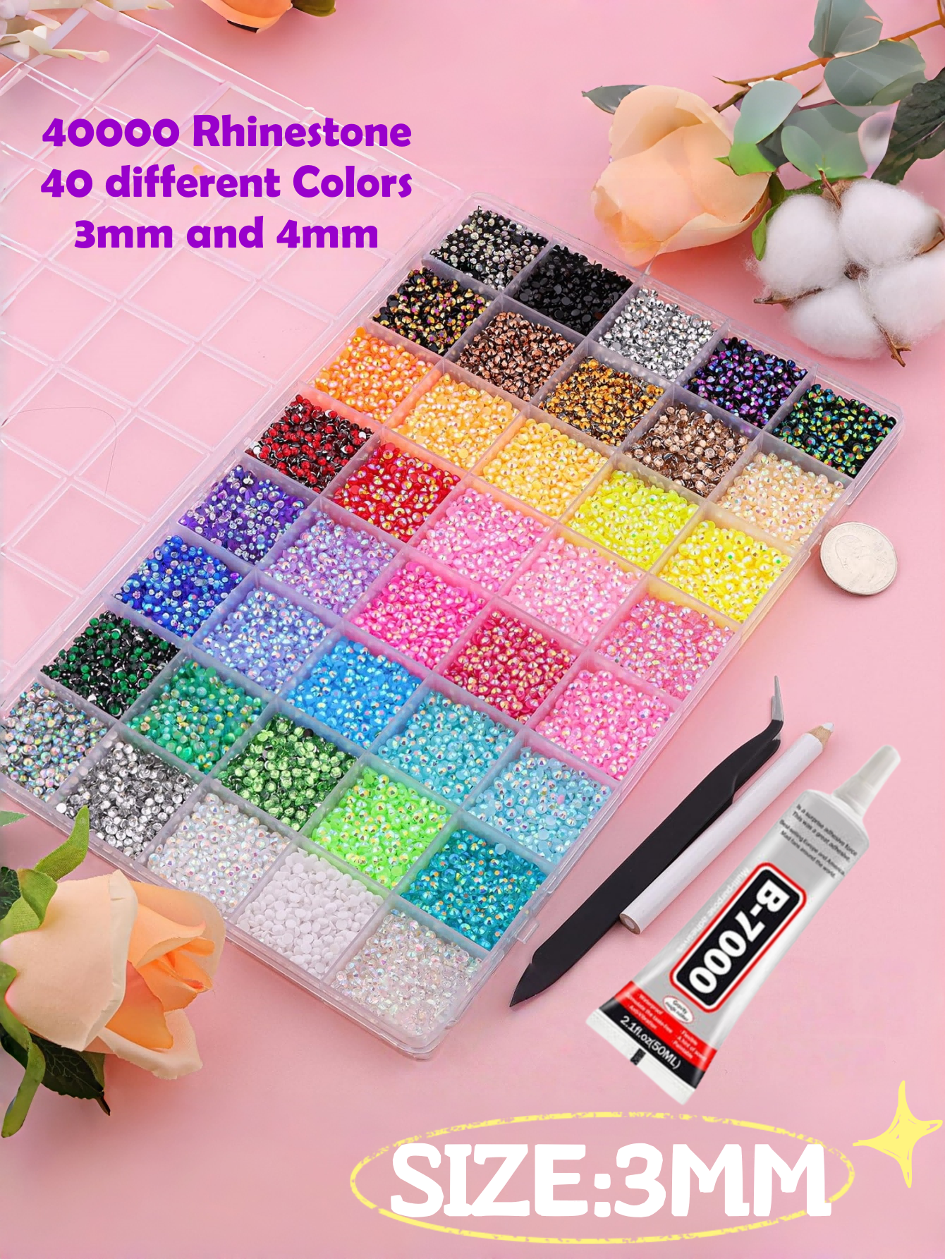 ✨ Bedazzle Kit – 40 Colors Resin Crystal Rhinestones Flat Back 3mm Diamonds Set with Tweezers , Pen & Glue | Nail Art, DIY Crafts & Diamond Painting