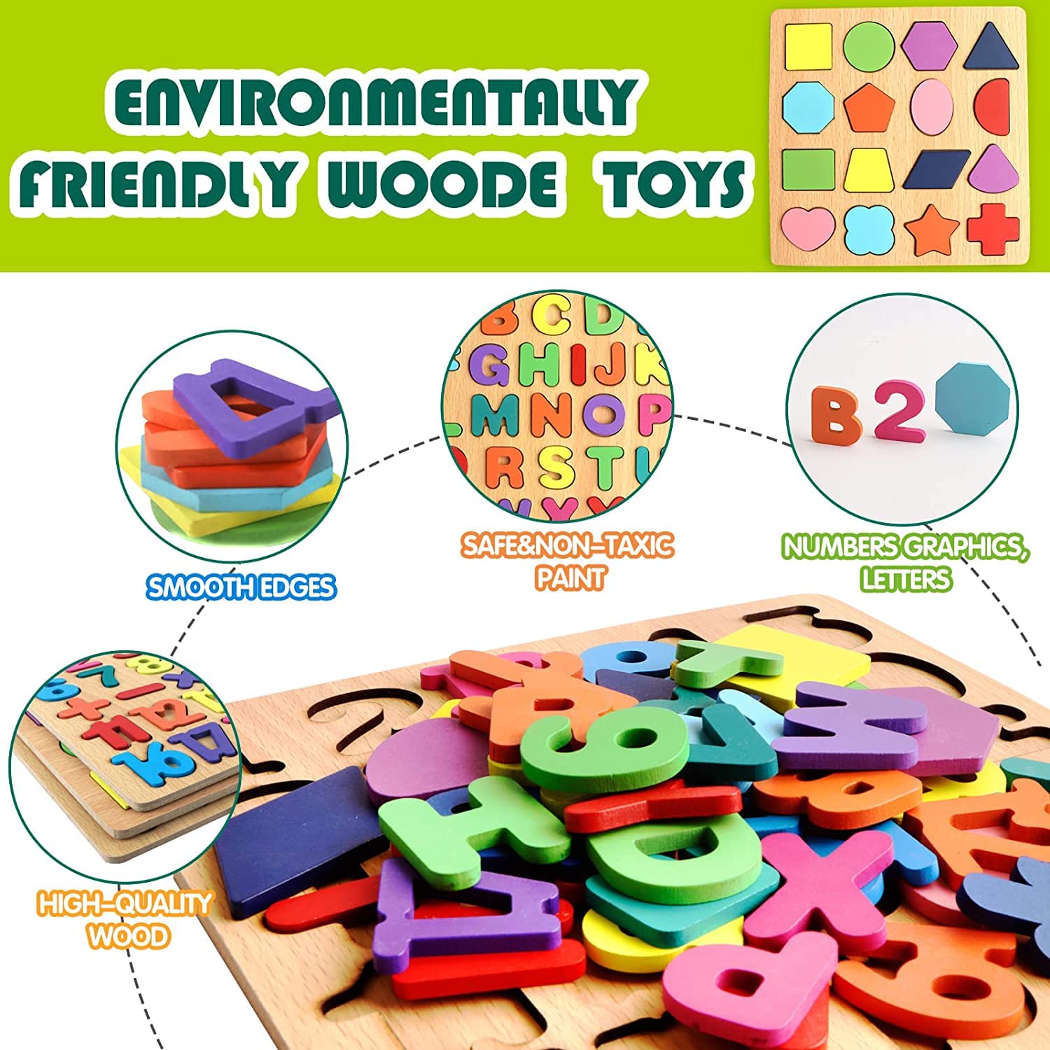 Wooden Alphabet |  Puzzles & Numbers Count Board, Colorful ABC Uppercase Letters/Numbers/Shapes for Kids Toddlers Preschool Early Learning Educational Toys