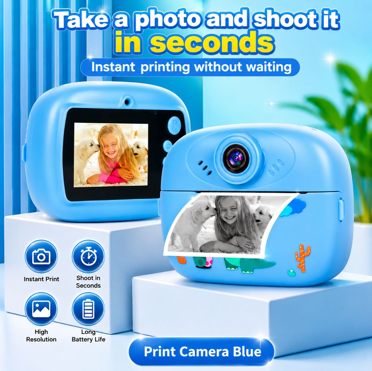 Smart Digital Dual Lens instant Print camera For kids 1080 P Vedio Recorder & Selfie Camera With Tharmal Printer Camera 2.4" IPS Screen Mini Portable Camera With Games Best Gift For Gift For Both Girls And Boys ! Children Digital Camera Toys For Kids