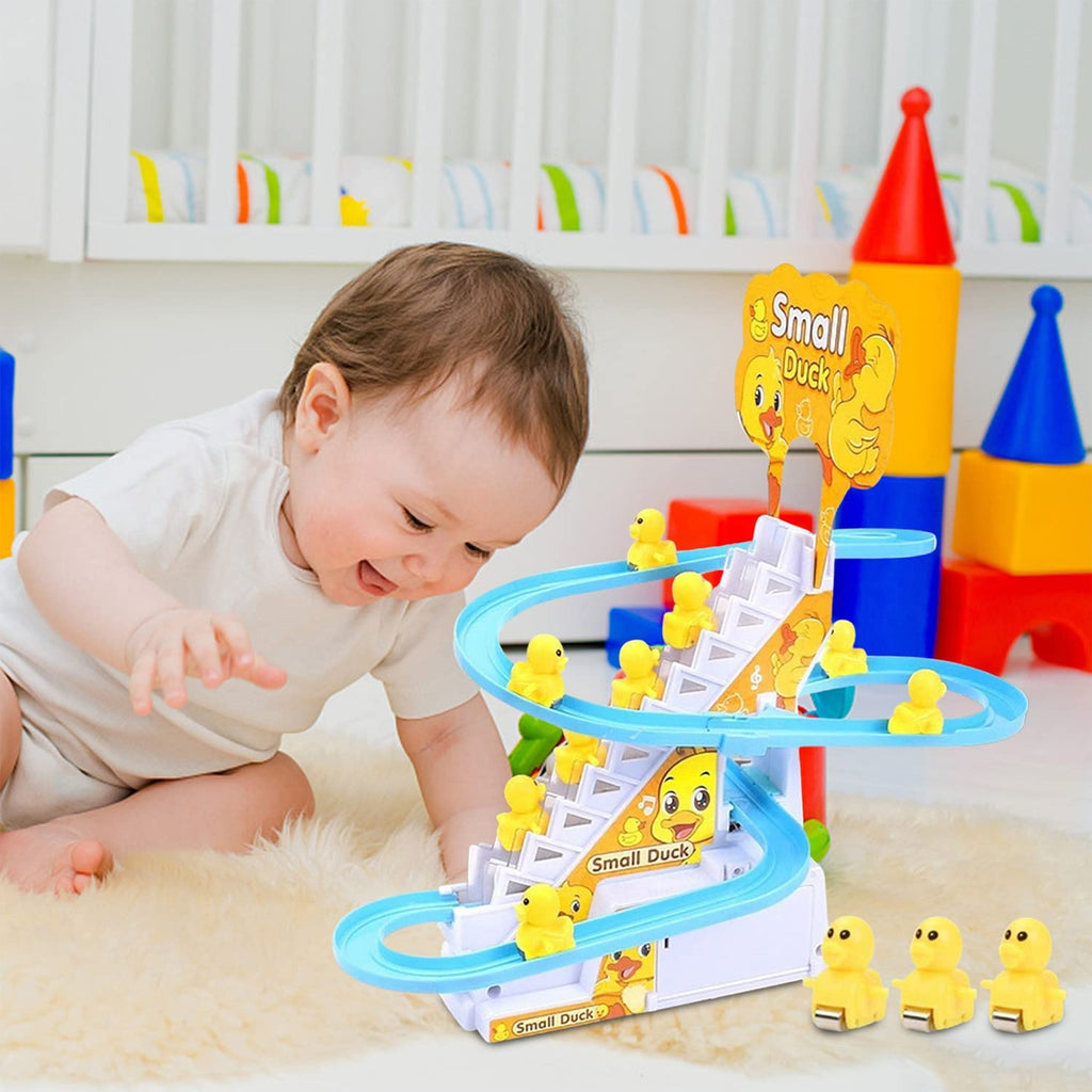 Duck Climbing Stairs Toy Cute Ducks Electric Track Roller Coaster Slide Toy For Kids With Lights And Music