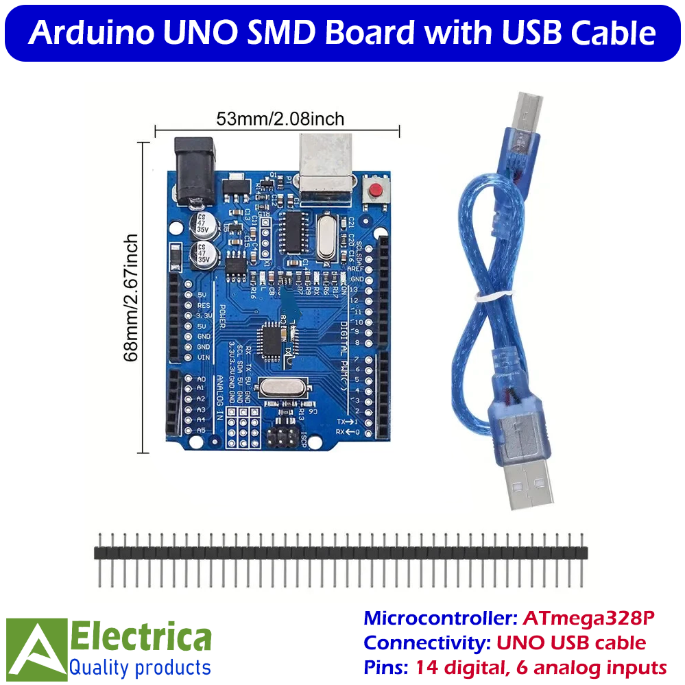 Arduino UNO R3 SMD Edition with USB Cable | ATmega328P Microcontroller Development Board for Robotics, IoT & DIY Projects by Electrica