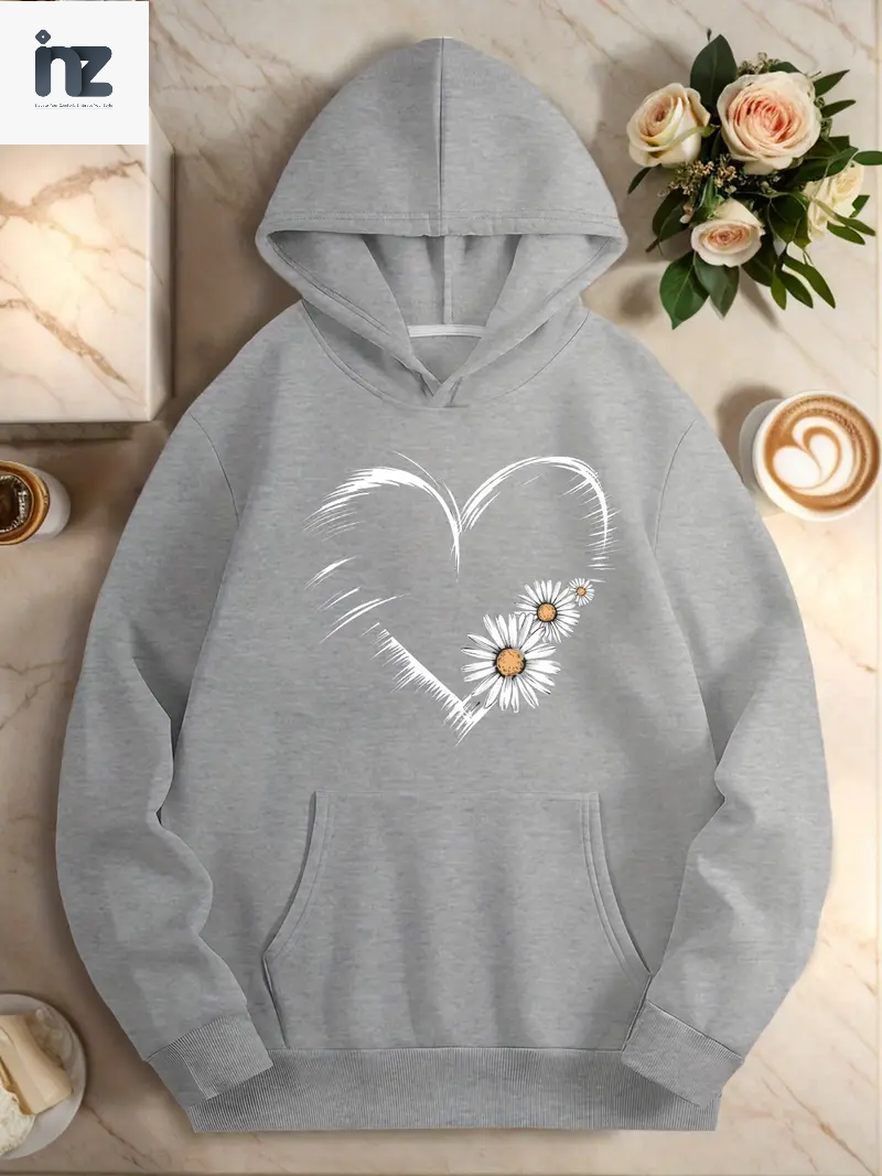 Women's Heart-Print Pullover Hoodie | Long Sleeves, Hood and Front Pocket | Multiple Designs | S-XL
