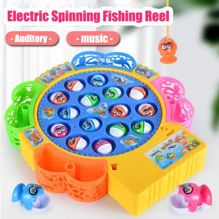 Fishing Game Toy Set with Rotating Board with Music On/Off Switch for Quiet  Play, Includes Fishes and Fishing Poles, Safe and Durable Toy for Toddlers  and Kids--15 pcs