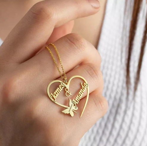 Personalised Couple Name Heart & Butterfly Name Necklace in Golden-Silver Heart-Shaped Necklace  ,Valentine's Special Necklace, Named Necklace