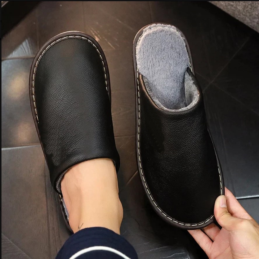 Leather Autumn and Winter Household Slippers Home Indoor Thick Bottom Non-slip Waterproof Warm Home Slipper For Men and Women