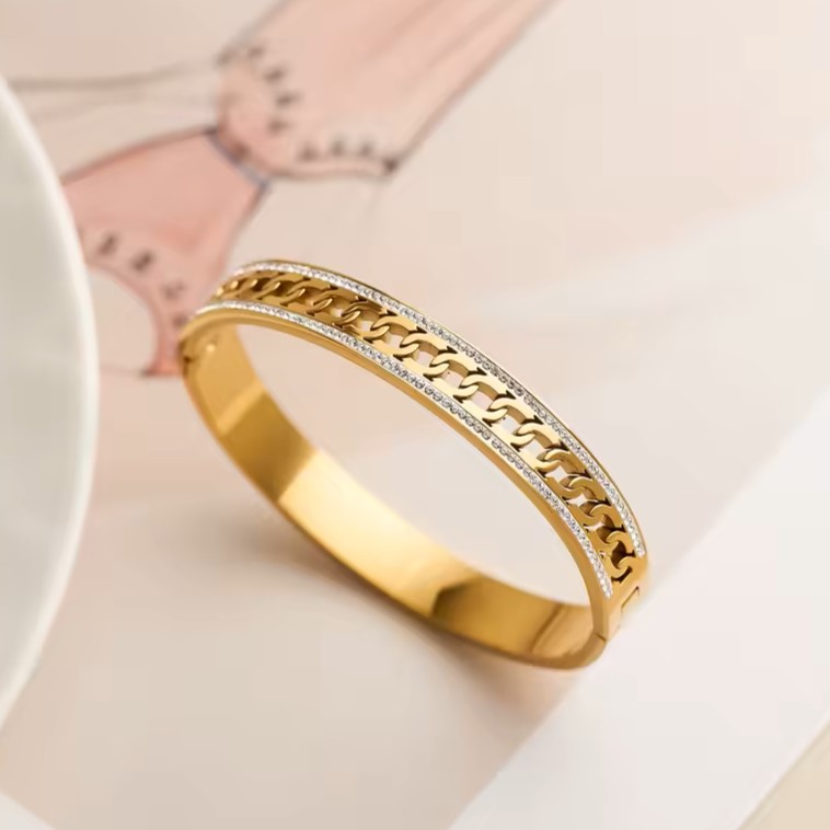 Zircon Stone Chain Pattern Stainless Steel Bangle - Gold Plated Bracelet for Girls & Womens