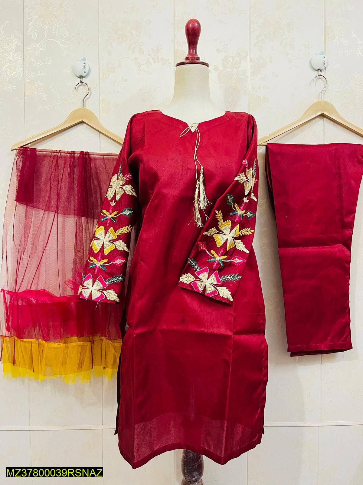 Katan Silk Fancy Net Dupatta Embroidery Three Pieces For Girls