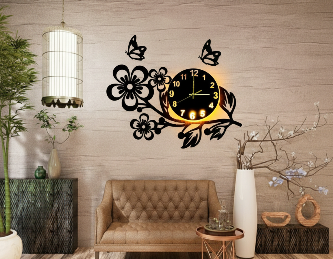Big Led Flower wooden 3d Wall Clock for bedroom TV lounge