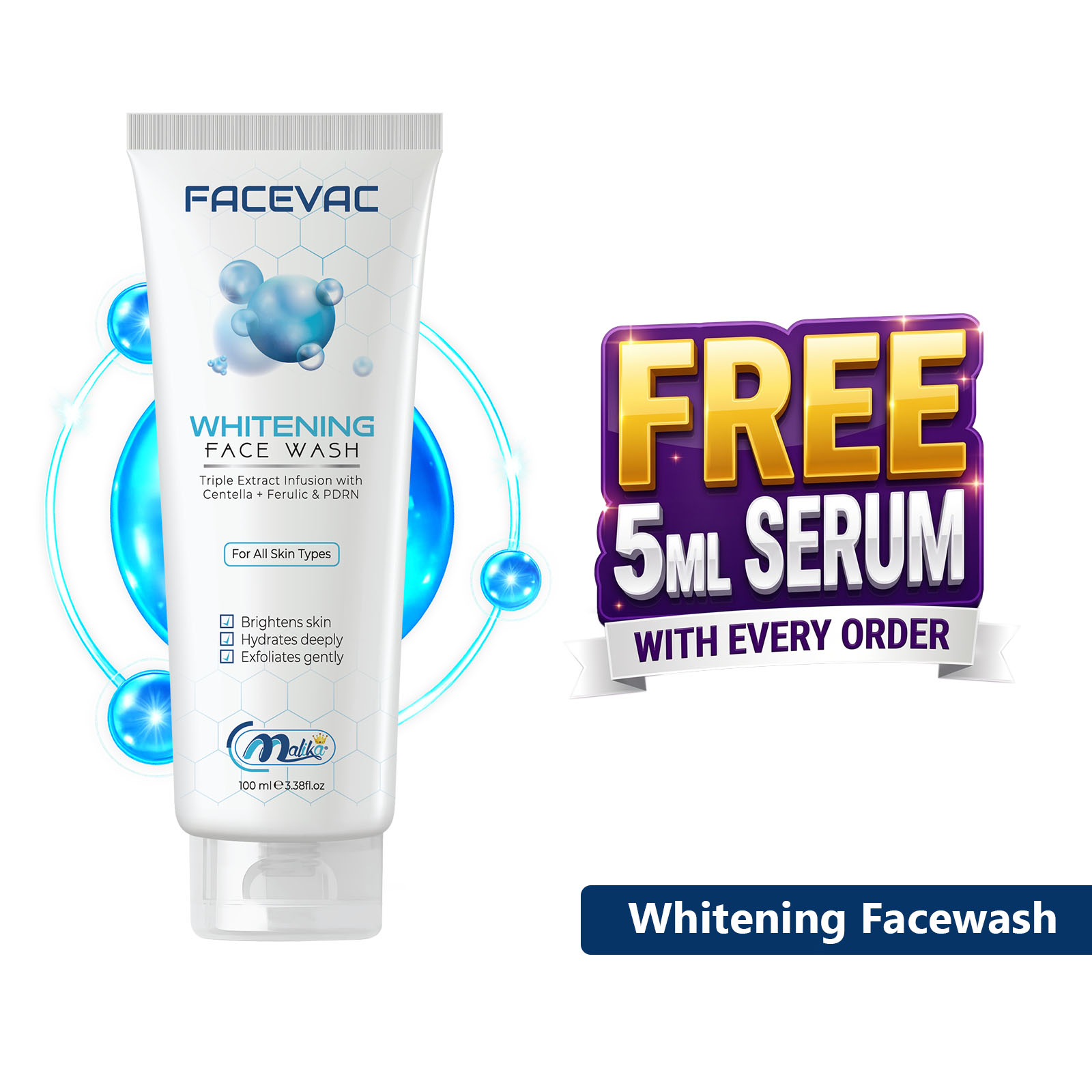Malika Facewash - Whitening Facewash - 100ml - Even Toned Complexion, Promotes Brightness & Clarity, Remove Dull Surface Impurities