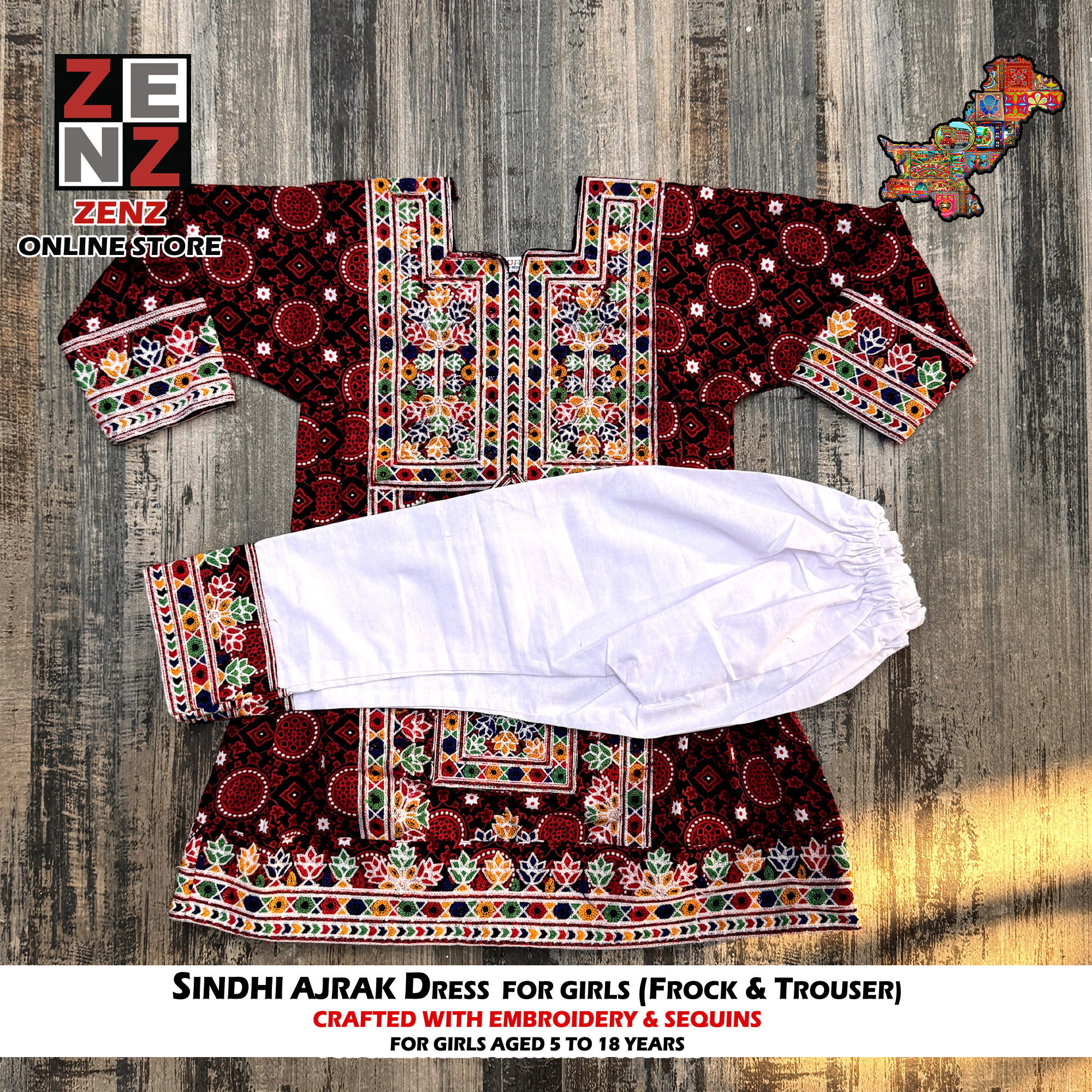 Sindhi Ajrak Traditional Dress Stitched Shirt Frock & Trouser crafted with Embroidery & Sequins for Girls by ZENZ Pakistani Traditional Wear Dress
