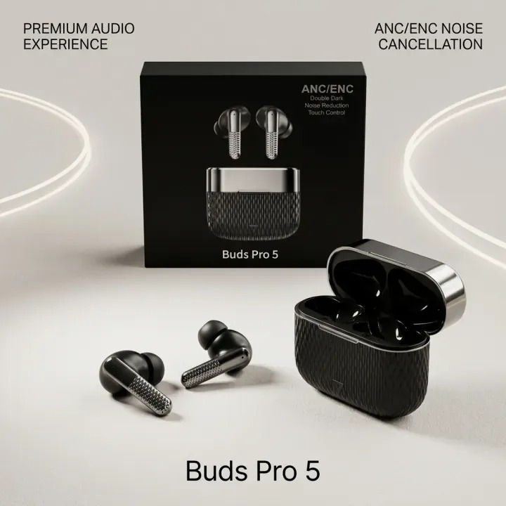 Buds Pro 5 Wireless Bluetooth Earbuds ANC ENC with HD Stereo Sound, Touch Control, Type C Charging, 30H Long Battery, Noise Cancellation Earphones, Low Latency Audio for Music, Calls & Gaming