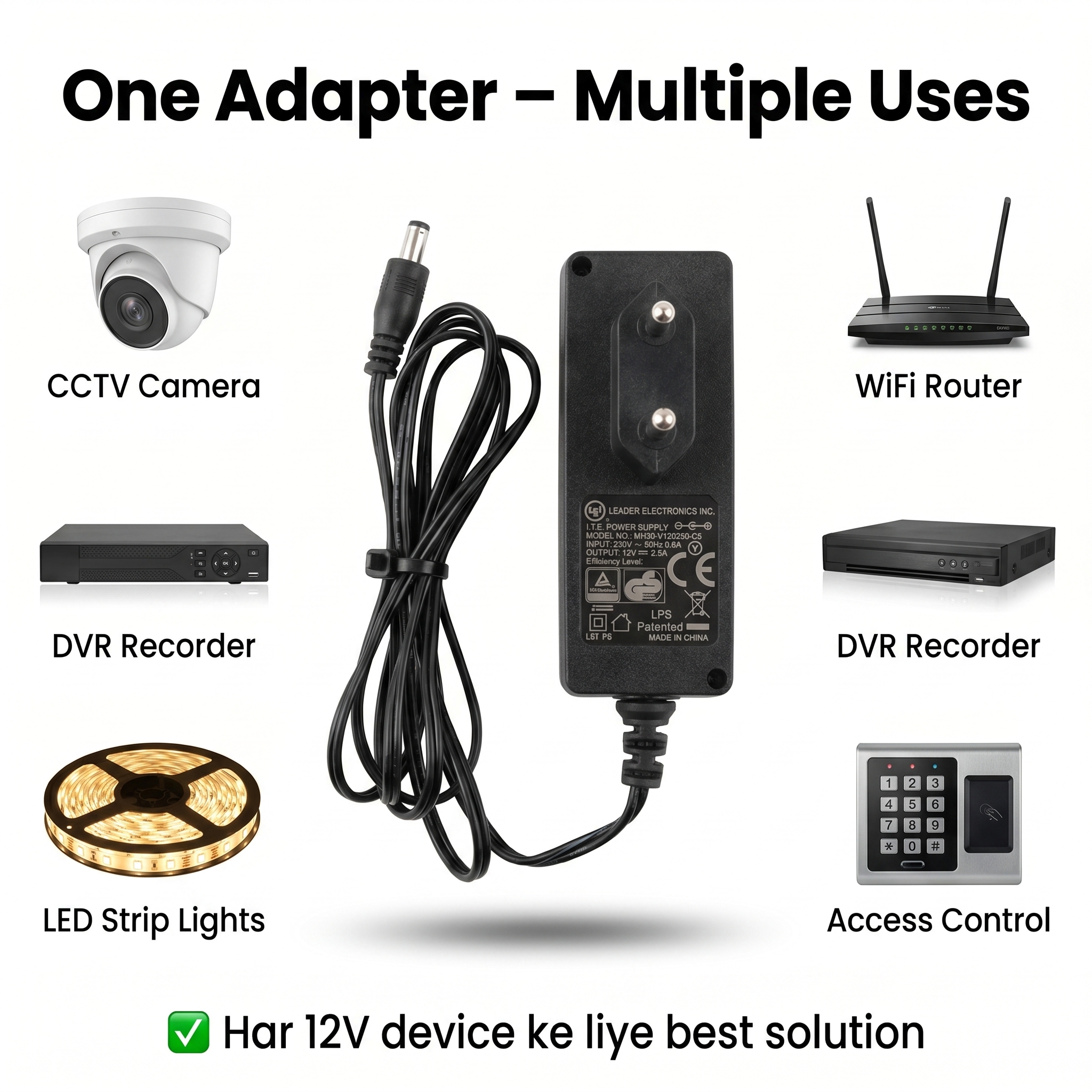 12V 2.5A Power Adapter Charger DC 12 Volt 2500mA Power Supply for CCTV Camera DVR NVR WiFi Router TP Link Tenda PTCL Modem LED Strip Lights POS Machine AC to DC Adapter 5.5x2.1mm Jack Universal Branded Tested Stable Voltage Low Heat