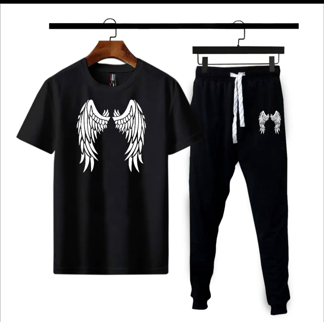 Black Lucifer Angel Wings Cotton Jersey Half Sleeves O Neck Short Sleeves Summer Round Neck Casual T Shirt & Trouser Sweat Pants Premium Track Suit For Men & Boys  - Black White Yellow Colors T-Shirts Tracksuit