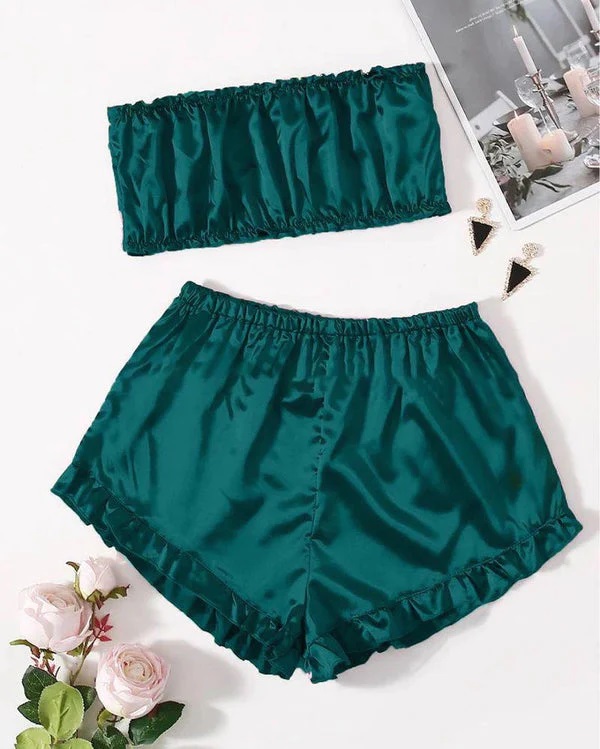 MO - 2 Piece Women Girl Ladies Silk Satin Robe Crop Tops Shorts Sleepwear Babydoll Nightdress Pajamas Set bridal Lingerie Women Dress for Night Wear and Parties Full Black Body Stocking Nighty for Women Free Bra Size BI-013 Customized Product