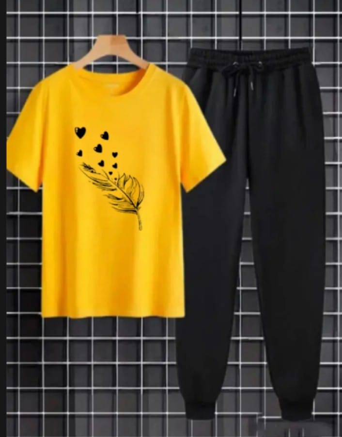 Trendy And New Feather leaf Printed Half Sleeves Cotton Jersey Shirt Summer Tracksuit For Women & Girls Smart Fit T-Shirt & Black Trouser Gym Sports Outdoor Gaming Tracksuit for Party Wear
