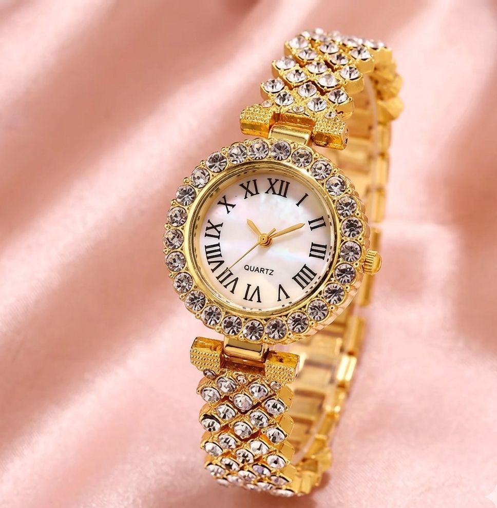 Luxury Rhinestone Women’s Watch Set – Round Dial with Stainless Steel Crystal Chain Strap & Bracelet (2 PCS Gift Set)