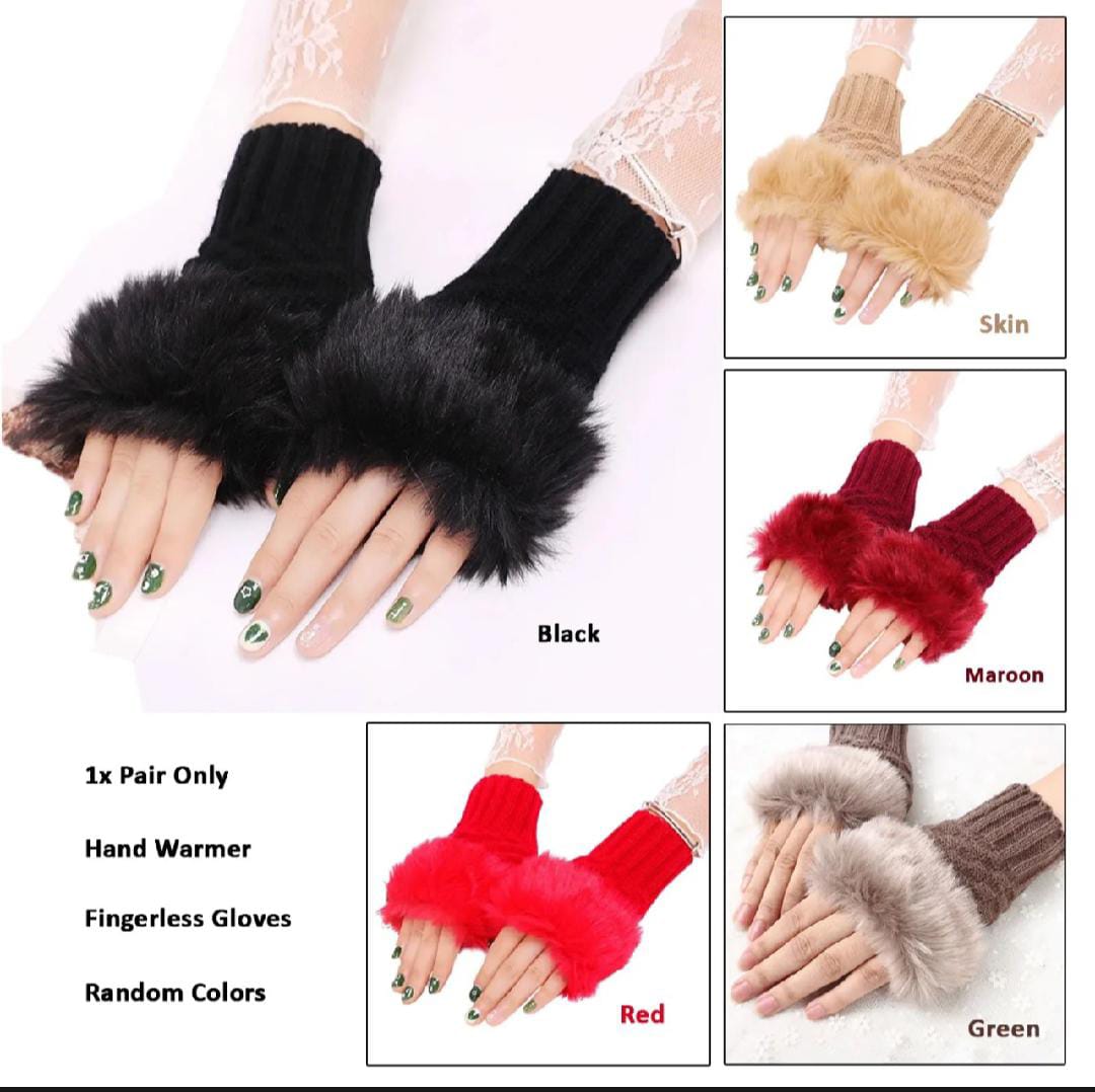 Fashion Women Faux Rabbit Fur Knitted Fingerless Gloves | Hand Wrist Warmer Half Finger Mittens for Winter"
