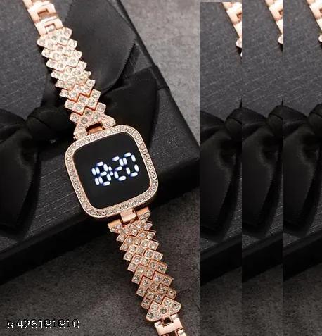 Diamond Touch Screen LED Watch for Ladies –Jewellery For Girls Style in Stainless Steel Chain Digital Wristwatch for Women's – Stylish Fashion Watch For Girls With Bracelet in Silver Stone Round & Square Dial Shape For Gift