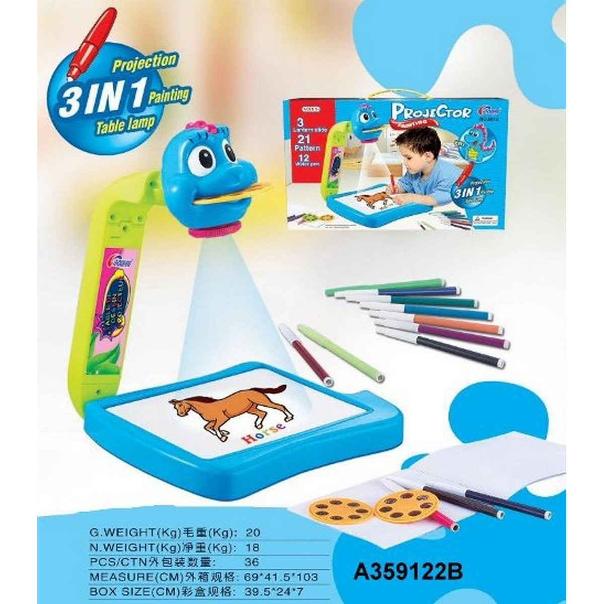 3 in 1 Projector Art set with 21 patterns 12 markers and paper pad ready to play with.