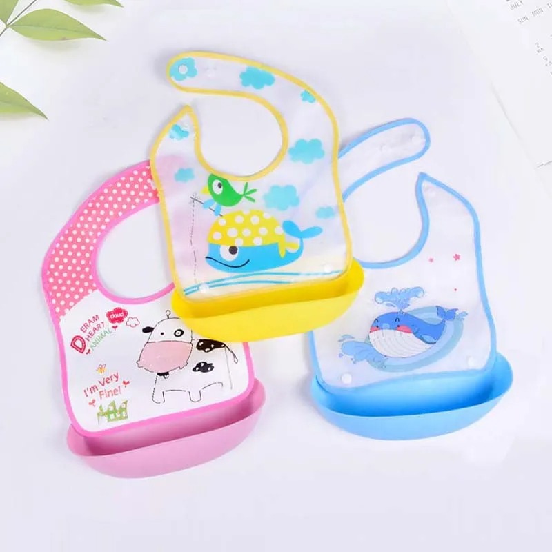 Detachable Rice Pocket Baby Bib Imitation Silicone Waterproof Bibs For Baby Kids Burp Cloth Cartoon Adjustable Feeding Bavoir
