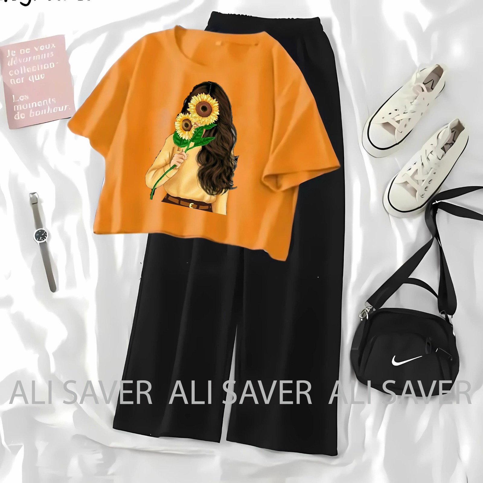 ALISAVER-Crop Top Casual Suit For Women and Girls High Quality Tshirt and Black Flapper