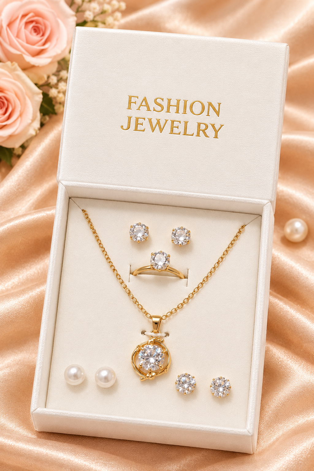 8 Pc Heart Pearl Pendant Necklace Set for Women & Girls | Silver Color Crystal Heart Locket with Pearl Chain | Matching Earrings & Ring Jewelry Set | Elegant Fashion Necklace Set | Party Wear Gift Jewelry | Bridal Engagement Birthday Gift