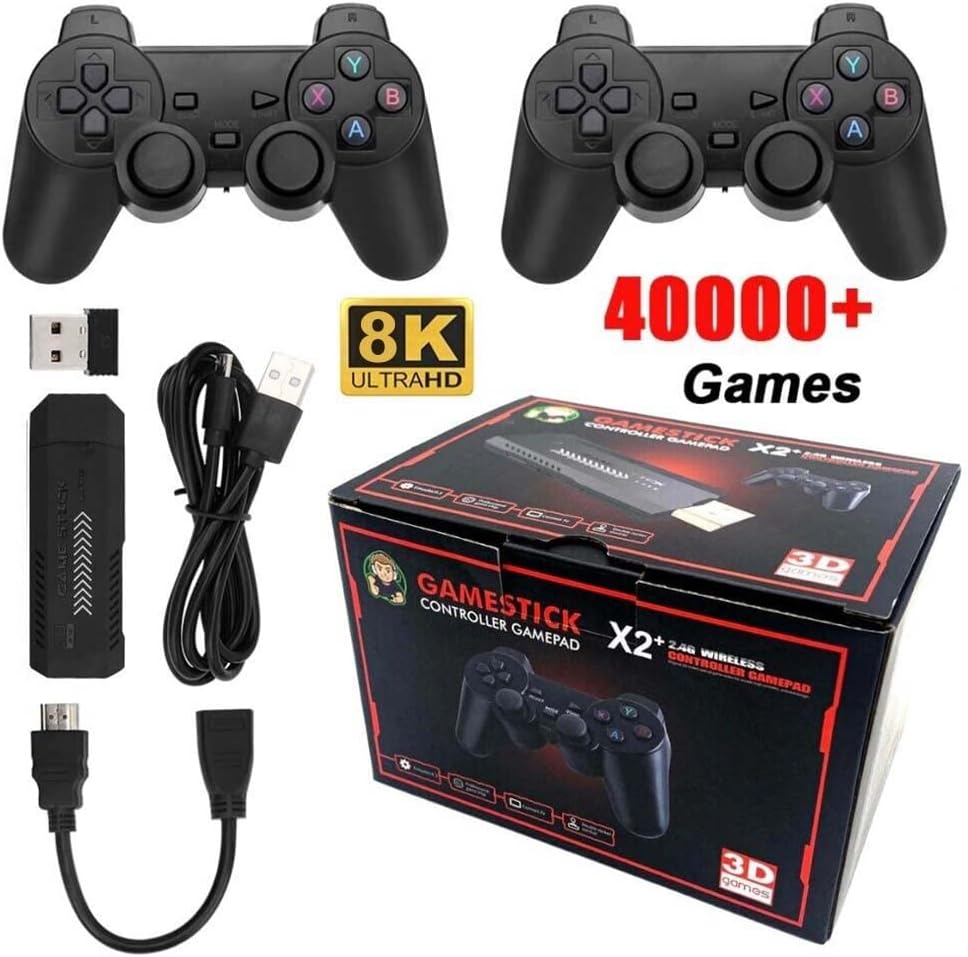 2.4G Wireless Controller Game Stick X2 With 64gb Tf Card Plug and Play Video Game Stick Built in 20000+ Games, 4K High Definition HDMI Output with Two Game Controllers