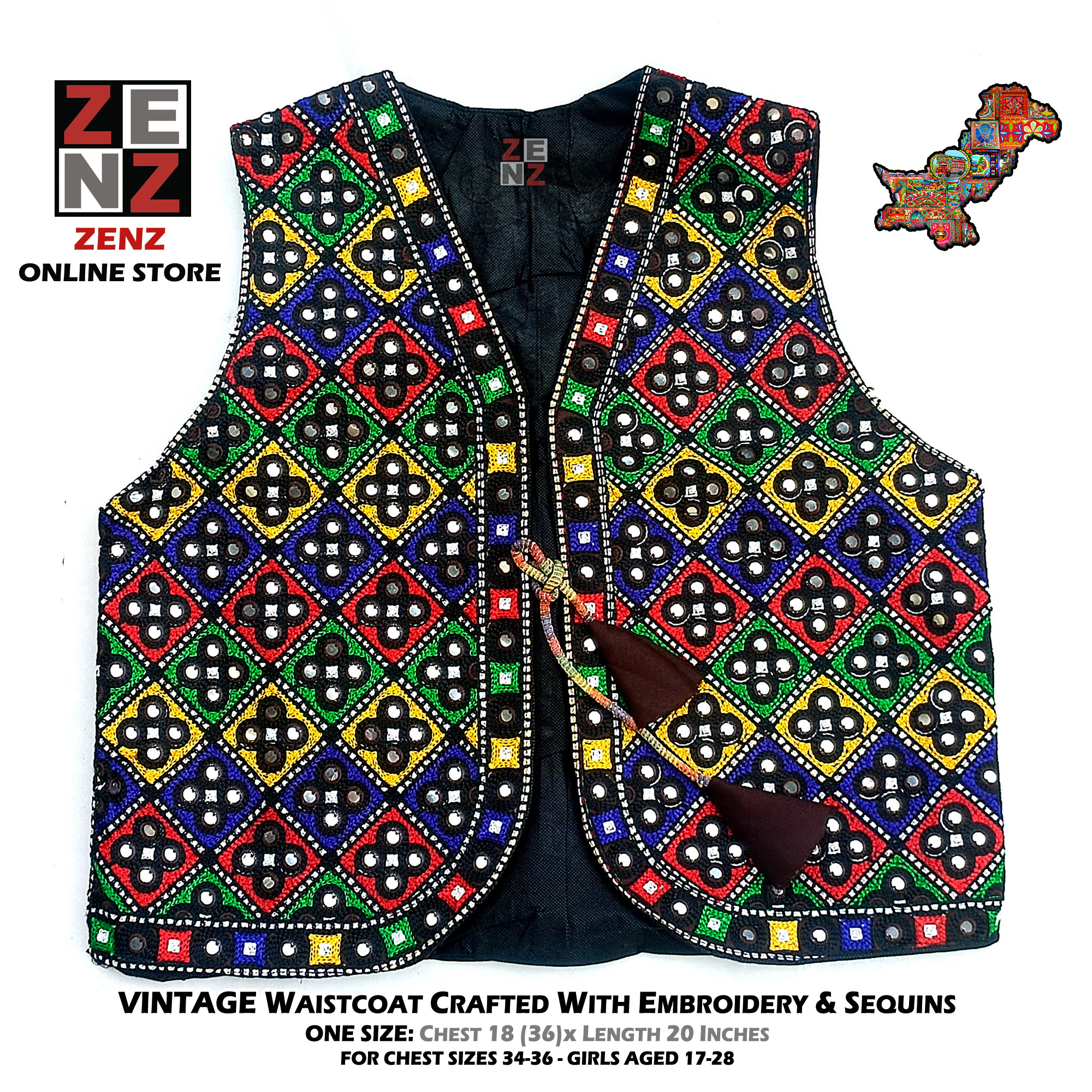 Pakistani Sindhi Balochi Kashmiri Traditional & Cultural Wear Waistcoat Koti Embroidered Zenz Multicoloured Embroidery for Girls & Women