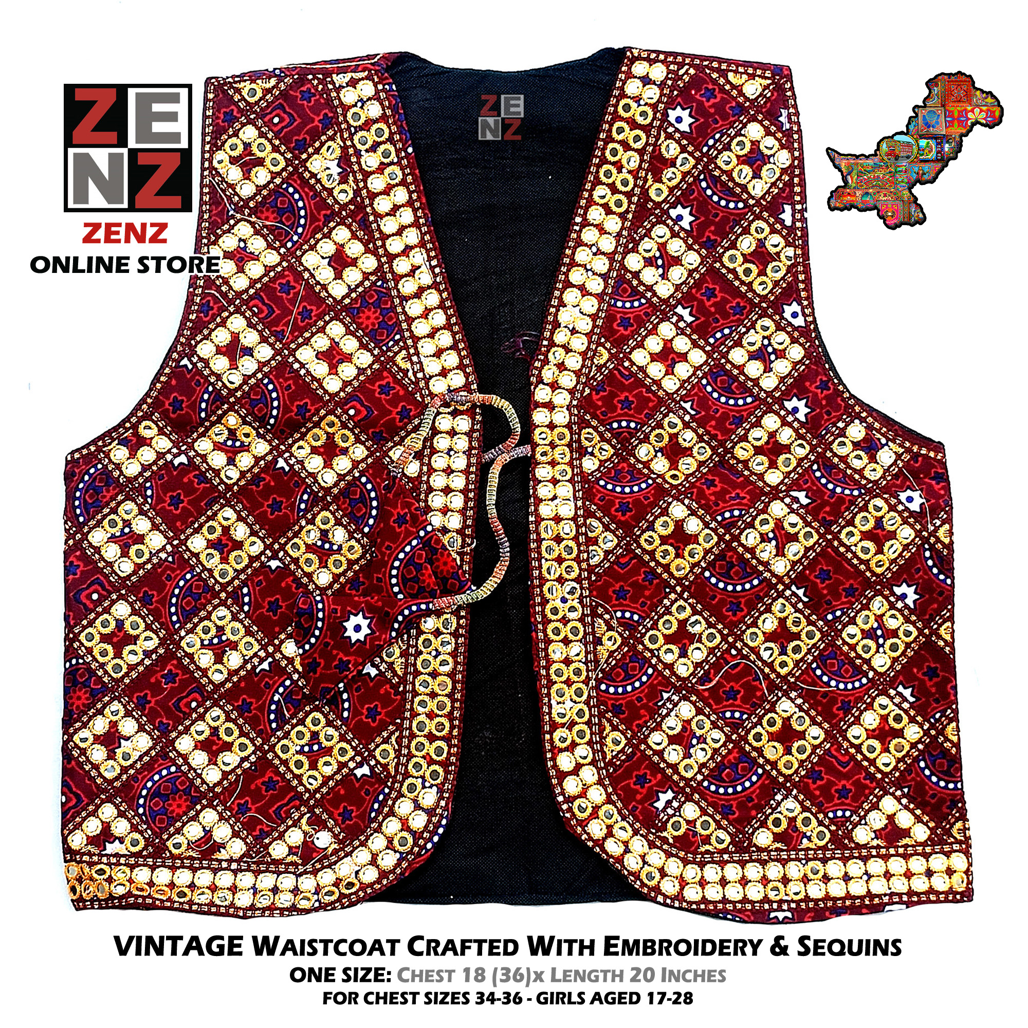 Sindhi Ajrakh Waist Coat Koti for Adult Females crafted with Embroidery & Reflective Sequins Pakistani Embroidered Tradition Wear Waistcoats