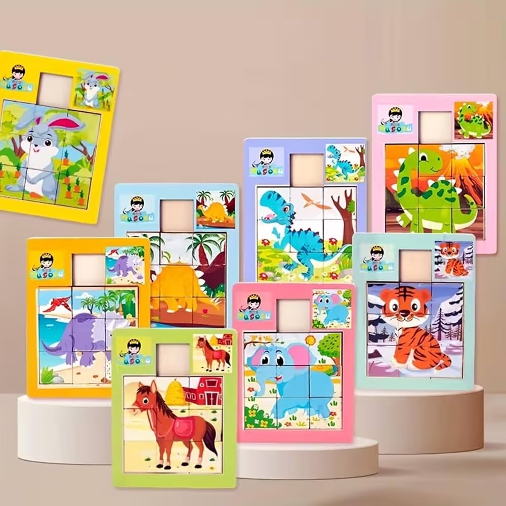 6 Pcs Set - 3x3 Jigsaw Slide Puzzles - Cartoon Animal Pattern Sliding Puzzle Toys For Kids Boys and Girls - Fun and Brain Game Slideways Puzzle Toy