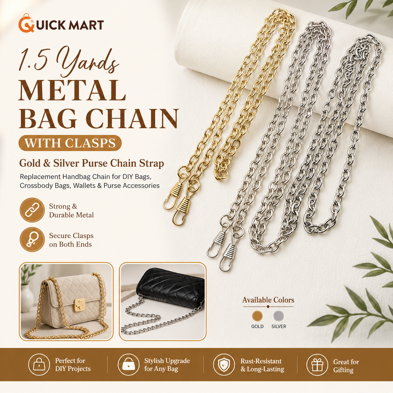 Quick Mart | 1.5 Yards Metal Bag Chain with Clasps | Gold & Silver Purse Chain Strap | Replacement Handbag Chain for DIY Bags, Crossbody Bags, Wallets & Purse Accessories