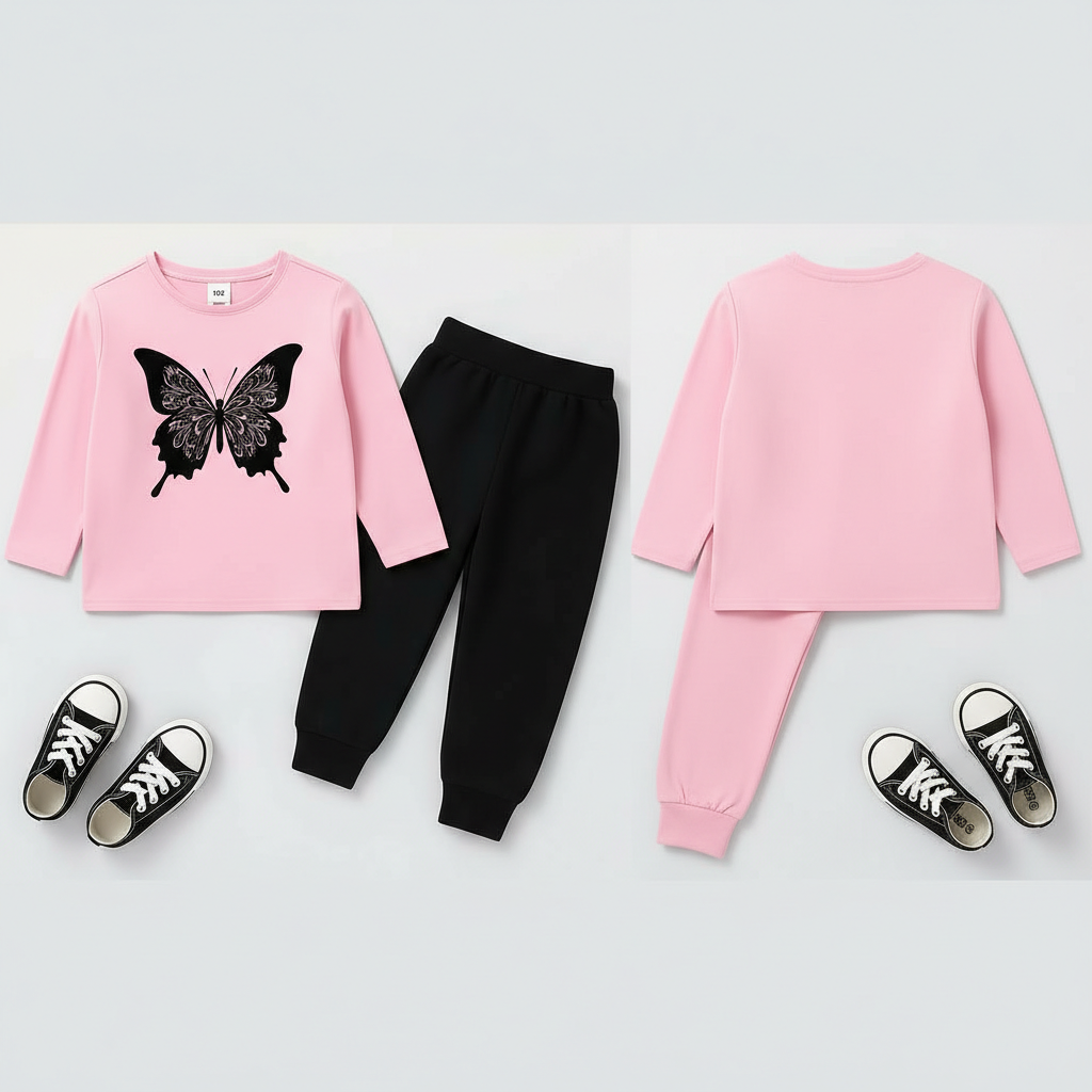 Summer Butterfly Print Kids Tracksuit – Full Sleeve Top & Trouser Set
